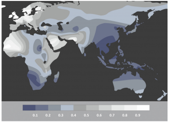 Figure 6: The lactose persistency haplogroup spread across the globe. The scale represents the percentage of that area with that particular haplogroup. (Malmström et al. 2010, 2)